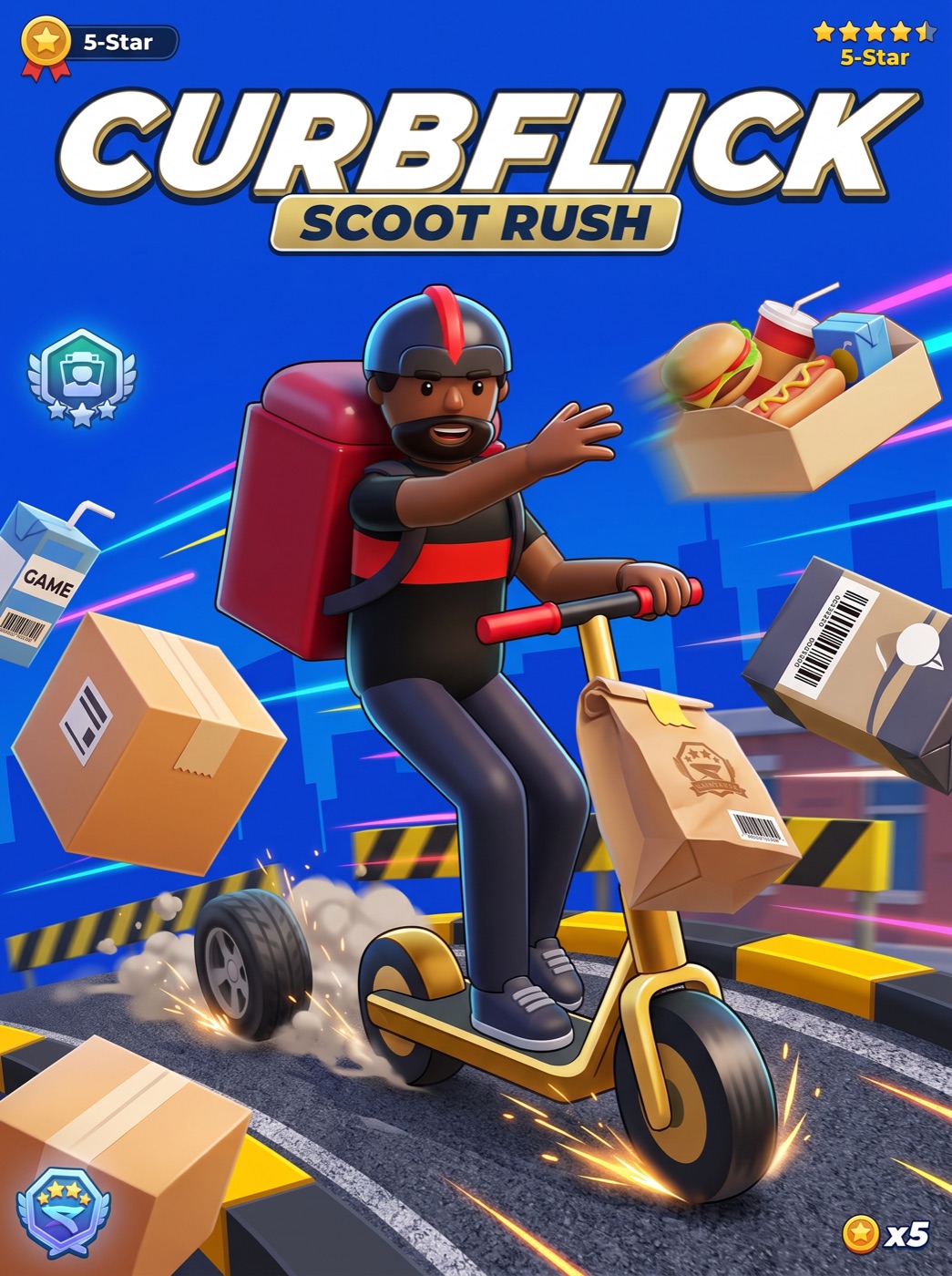 ScootBoy riding a delivery scooter through the city with packages flying