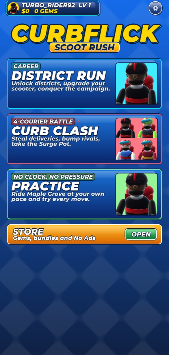 Choosing a mode: District Run, Curb Clash or Practice